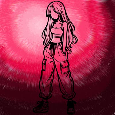 girl in baggy pants crop top and long hair