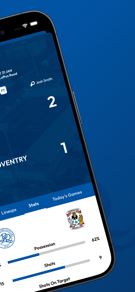 QPR FC公式モバイルアプリが、ポゼッションやシュートを含むライブサッカー試合統計を表示しています