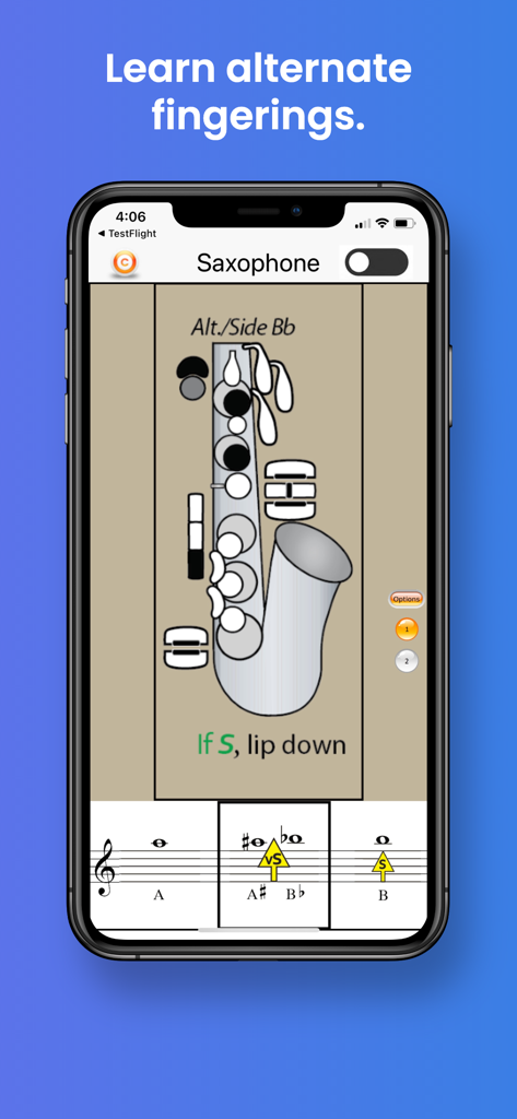 Saxophone Fingering & Tuning - Tabla de digitación de saxofón que muestra digitación alternativa de Si bemol y sugerencias de afinación