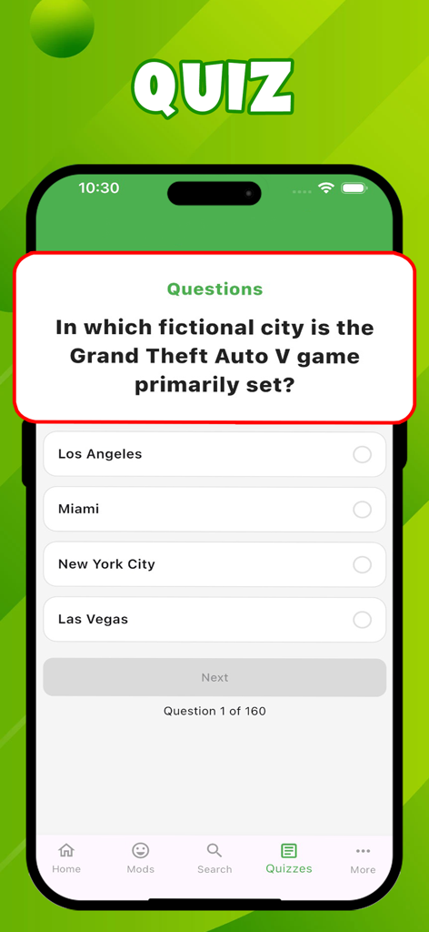 HappyMod - Capture d'écran de l'application HappyMod montrant une question de quiz sur Grand Theft Auto.