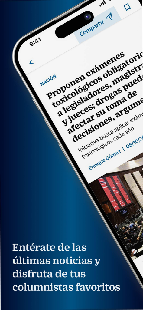 El Universal + - Interface of the El Universal plus app showing a news article in Spanish on an iPhone