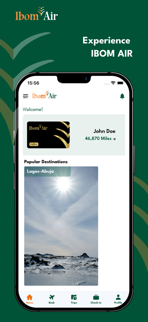 Schermata principale dell'app mobile Ibom Air che mostra i chilometri del programma fedeltà e le destinazioni di volo nigeriane popolari
