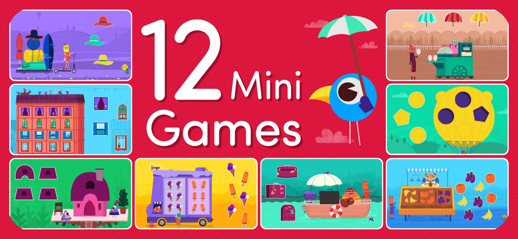 Promotional image for Match2 showing 12 different educational mini games for kids including sorting and matching puzzles