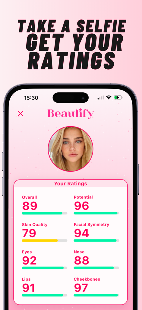 Beautify - Glow Up - Interfaz de la aplicación Beautify mostrando una selfie y valoraciones detalladas de IA facial para la calidad de la piel, simetría y rasgos.