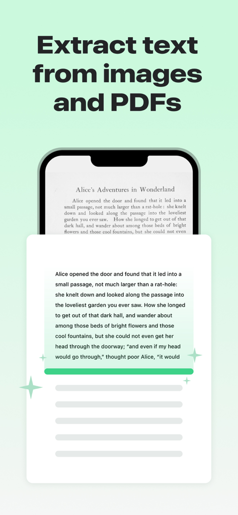 Text Scanner OCR Image to Text - Una pantalla de iPhone mostrando la aplicación Text Scanner OCR extrayendo texto de una página de libro