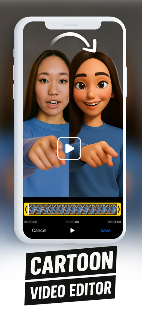 AI Cartoon Video Converter - A split screen demonstration of the ToonVid app converting a real person into a 3D cartoon character with a video editing interface.