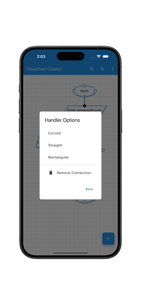 Flowchart Creator(Pro) - Flowchart Creator Pro app interface showing options to customize diagram connection lines as curved straight or rectangular