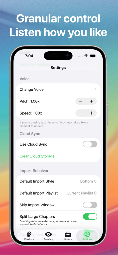 RoboSpeech mobile app settings screen showing voice controls for pitch and speed, cloud sync options, and import behavior settings.