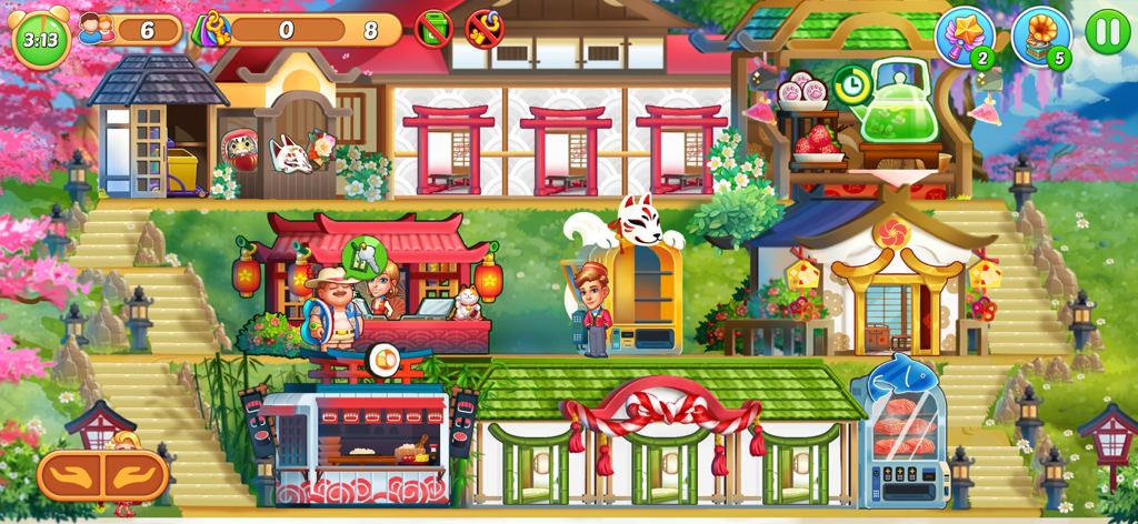 Captura de pantalla del juego de un nivel de resort isleño con temática japonesa en My Hotel - Grand Guest Mania.