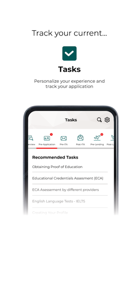 CanPR - CanPR app screenshot showing a checklist of recommended tasks for Canadian immigration such as IELTS tests and education assessments.