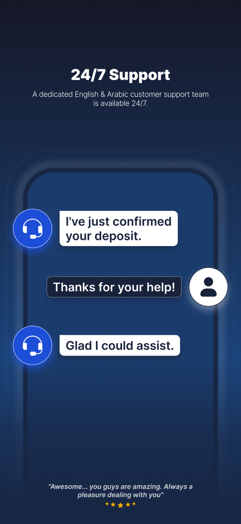 CoinMENA app interface showing 24/7 bilingual English and Arabic customer support chat with a user testimonial.