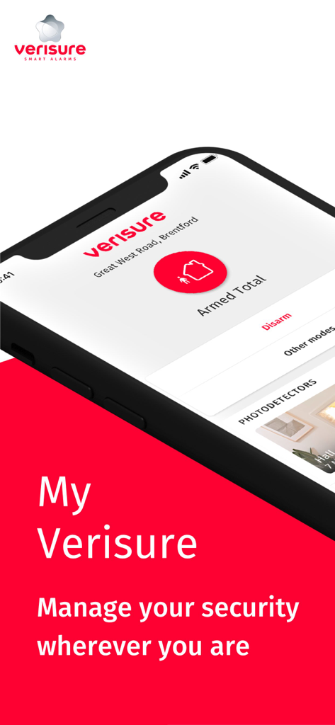 My Verisure - Smartphone displaying the My Verisure app interface with armed alarm status and security management options
