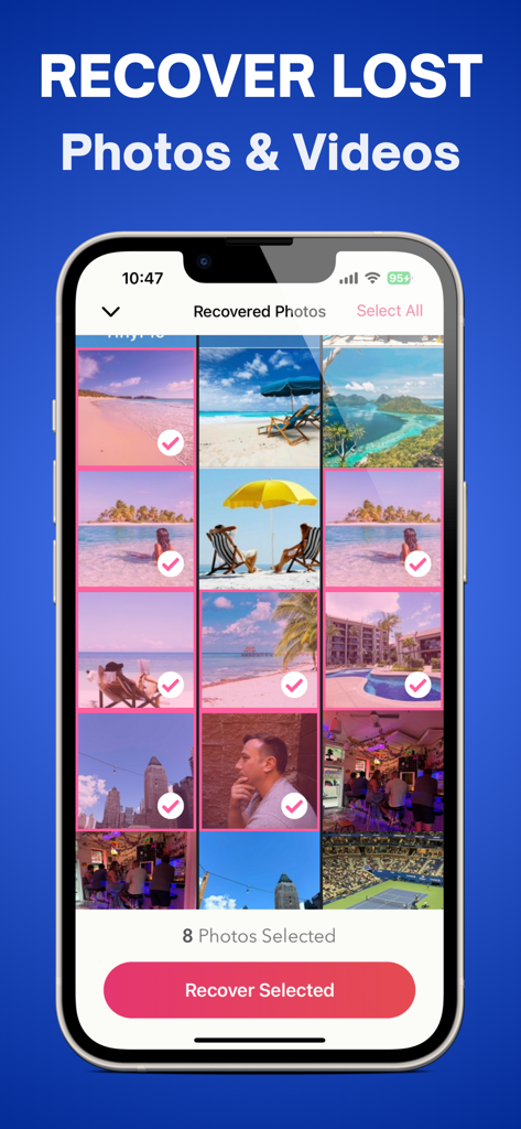 Video Recovery: Restore Files - Interfaz de la aplicación móvil VidRecover que muestra una cuadrícula de fotos recuperadas seleccionadas para restauración