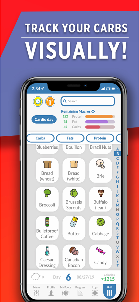 Interface of the Stupid Simple Keto app showing a visual food grid with icons and macro progress bars for tracking carbs