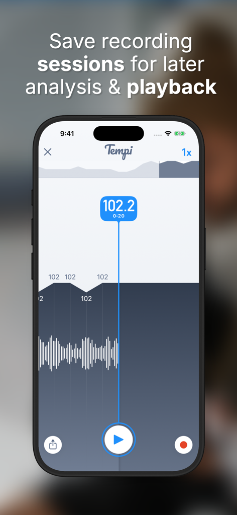 Tempi: BPM Counter & Detector - Interfaccia dell'app Tempi che mostra una sessione registrata con dati BPM in tempo reale e grafico di analisi del tempo.