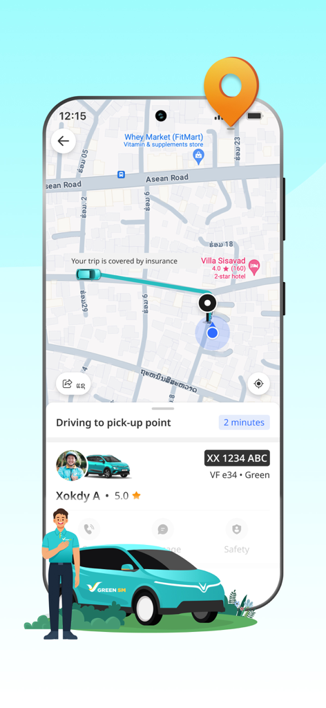 Green SM: Book EV rides - Interfaz de la aplicación móvil Green SM que muestra el seguimiento del vehículo en tiempo real para un viaje en taxi eléctrico con detalles del conductor y hora de llegada.