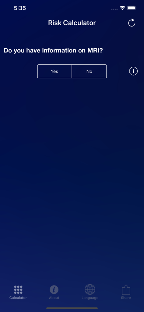 Cancer Risk - Prostate cancer risk calculator screen asking for MRI information.