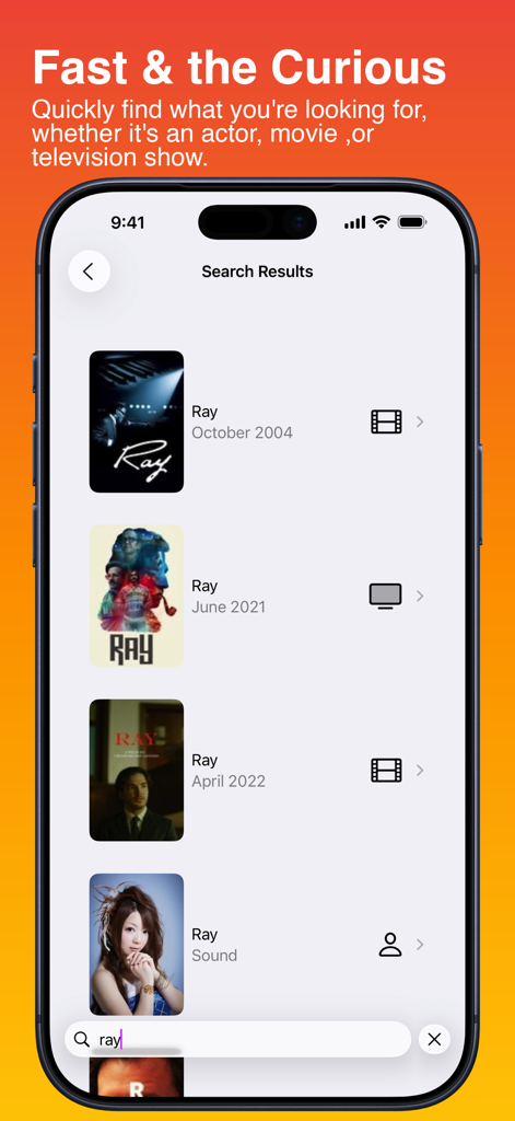 Callsheet: Find Cast & Crew - A search results screen in the Callsheet app showing movies and actors for the search query ray.