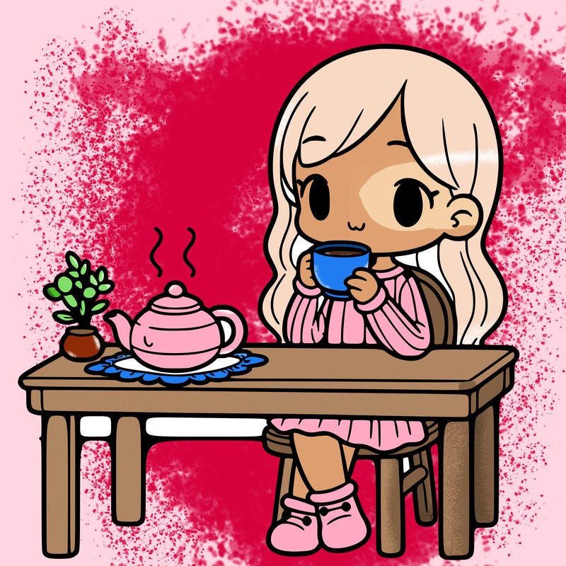 a girl drinking tea at a table with a teapot on the table