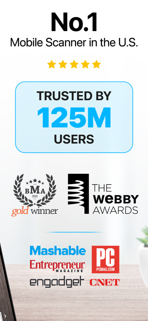 iScanner clasificado como el escáner móvil número uno en los EE. UU. con 125 millones de usuarios y premios de la industria de Webby y BMA.