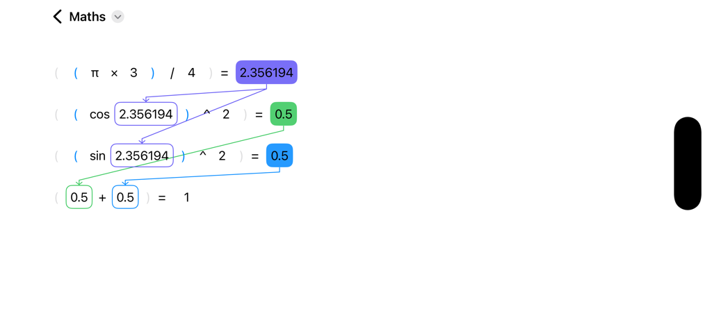 Caldy - Caldy app interface showing a visual math calculation with arrows connecting dynamic results