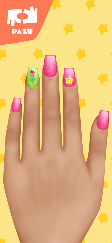 Girls Nail Salon - Kids Games - A hand with pink glittery nail polish featuring ice cream and star stickers in a kids game