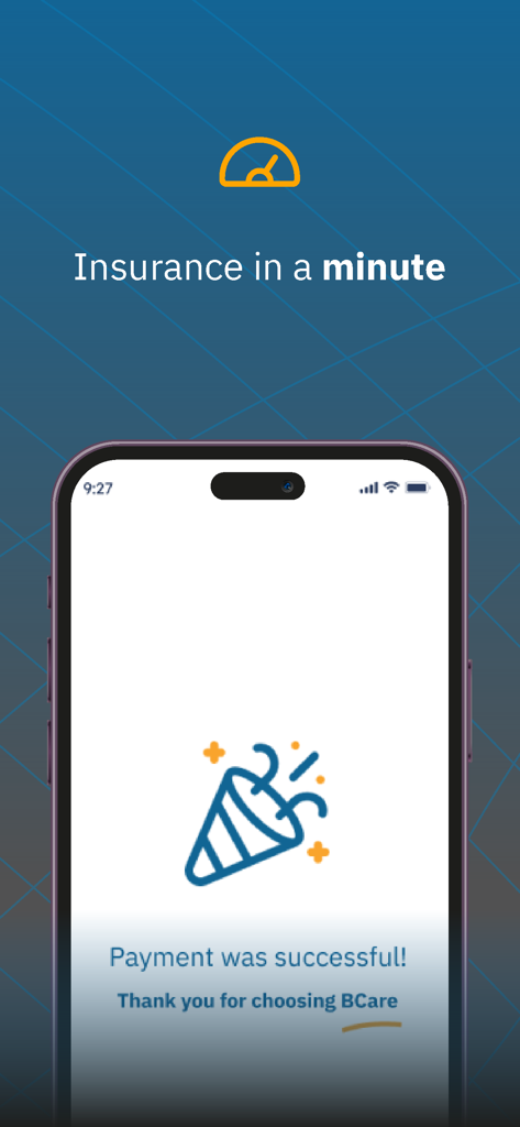 BCare mobile app display showing a successful insurance payment confirmation screen with a party popper icon