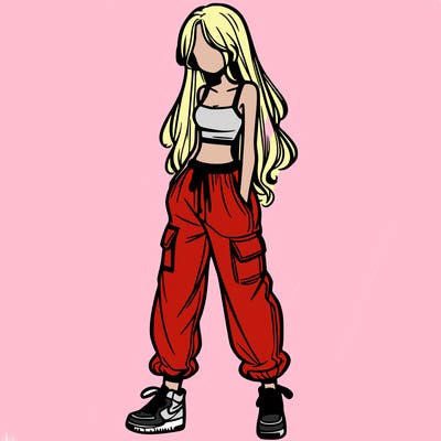 girl in baggy pants crop top and long hair