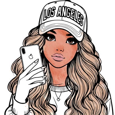 realistic beautiful girl wearing los ángeles cap holding an iphone