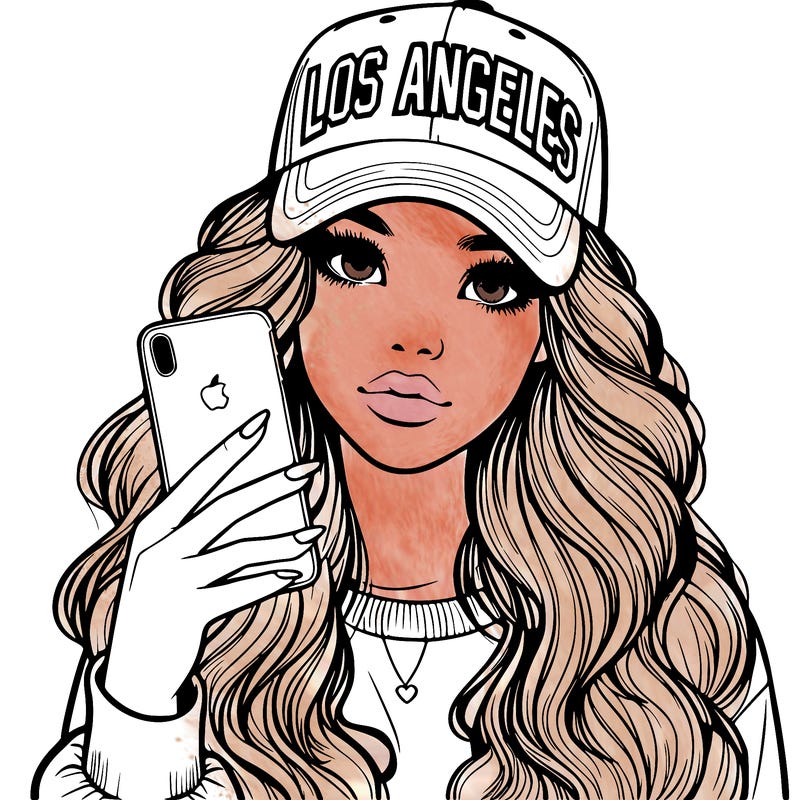 realistic beautiful girl wearing los ángeles cap holding an iphone