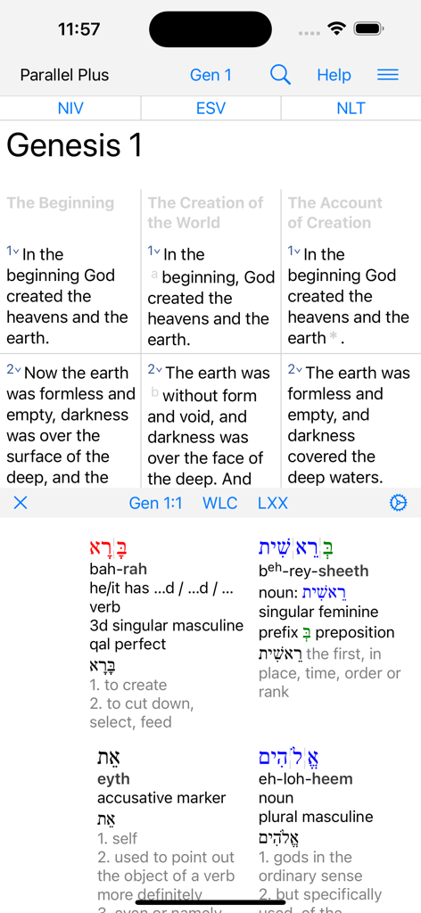 PARALLEL PLUS Bible-study app - Uno screenshot dell'app Parallel Plus che mostra una vista biblica parallela e uno studio dettagliato delle parole ebraiche per Genesi 1.