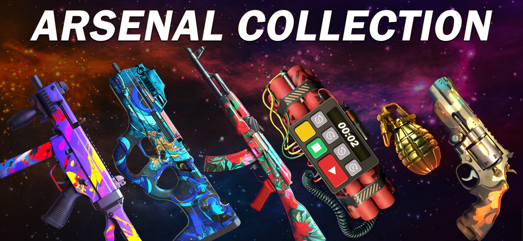 Gun Simulator - Gun Sounds - Arsenal collection featuring colorful skinned guns, a golden grenade, and a digital time bomb against a space background.