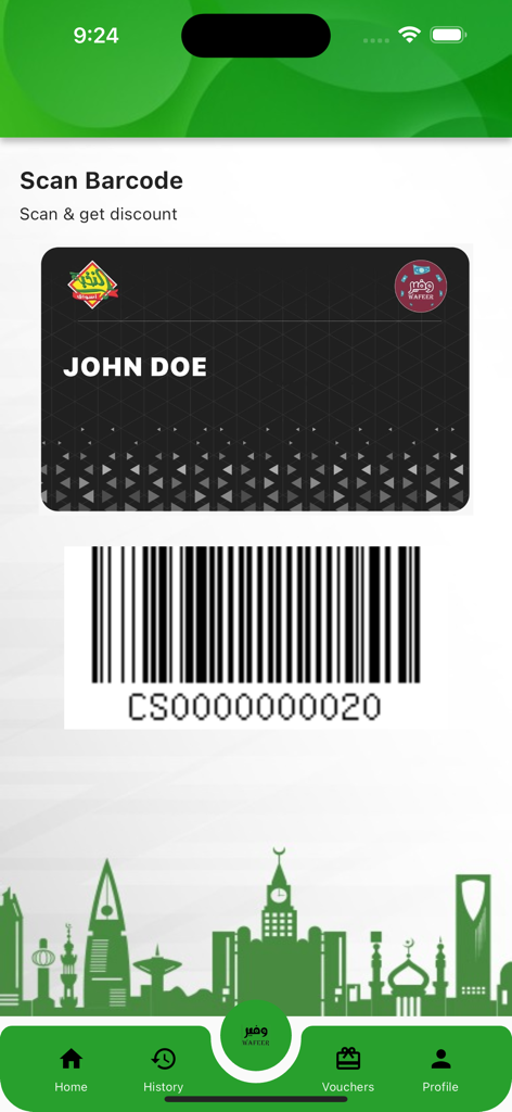 Wafeer - Tela do cartão de fidelidade digital no aplicativo Wafeer mostrando um código de barras para escaneamento e descontos.