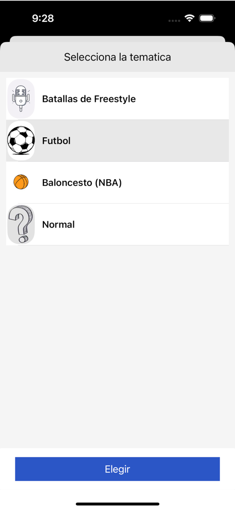 Adivina Quien Es - Bildschirm zur Auswahl der Spielkategorien mit Freestyle-Fußball- und NBA-Quiz-Themen in der App Wer bin ich?