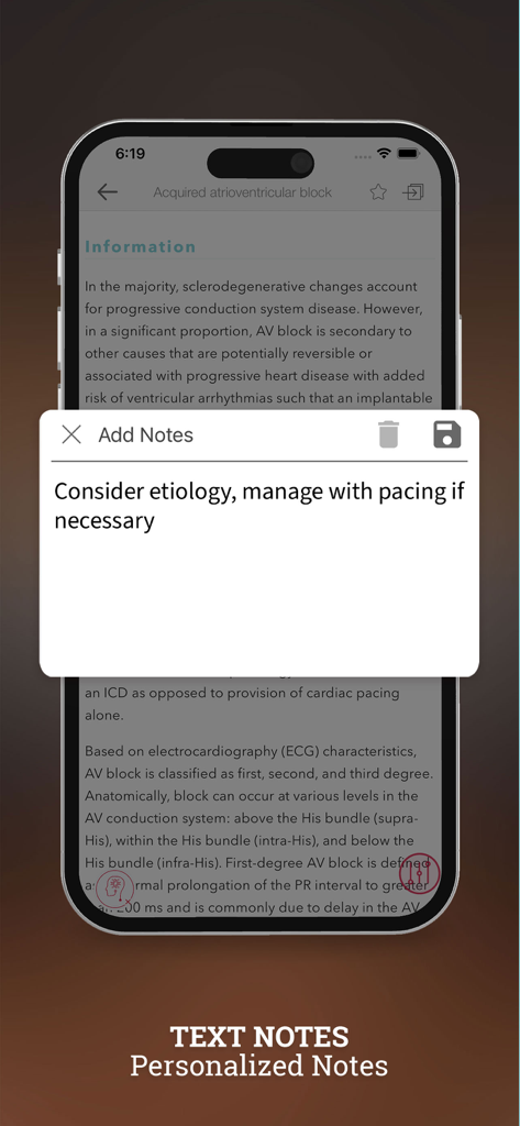 Cardiac Pacing and ICDs - Uma captura de tela mostrando o recurso de anotações de texto personalizadas no aplicativo médico Estimulação Cardíaca e CDsI