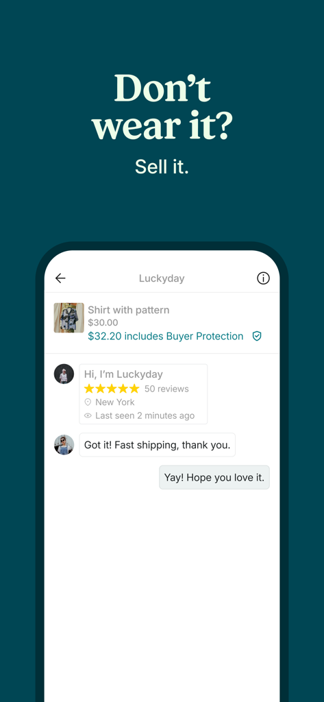 Vinted: Shop & sell pre-loved - Vintedのチャットインターフェース。バイヤー保護と肯定的なフィードバックが付いた、成功した衣料品の販売が表示されています。