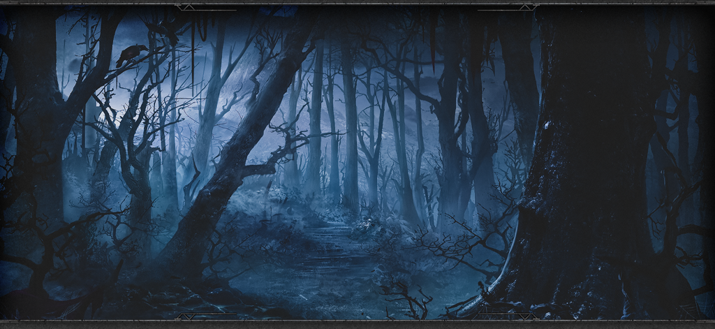 Dungeon Of Dragon Knight - Atmospheric blue toned dark forest with bare gnarled trees and a path in the mist