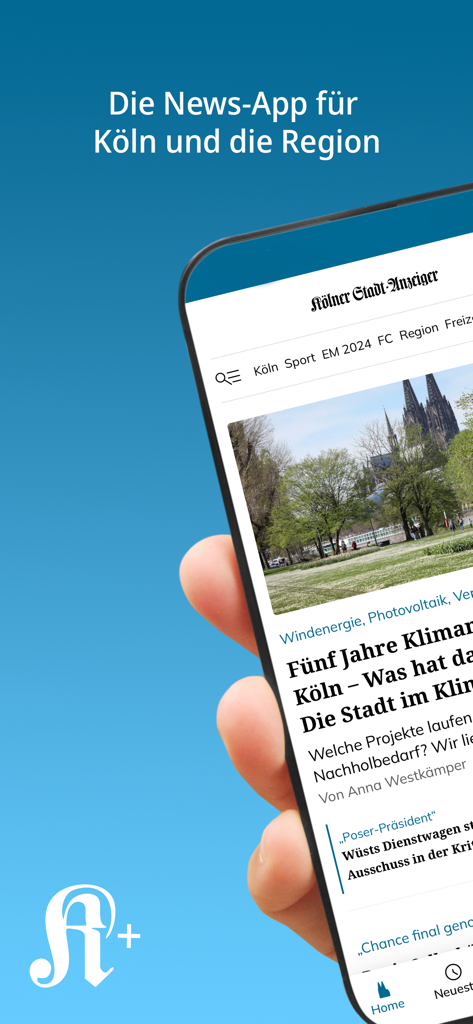 Pantalla de smartphone mostrando artículos de noticias locales de la aplicación KSTA Nachrichten para la región de Colonia