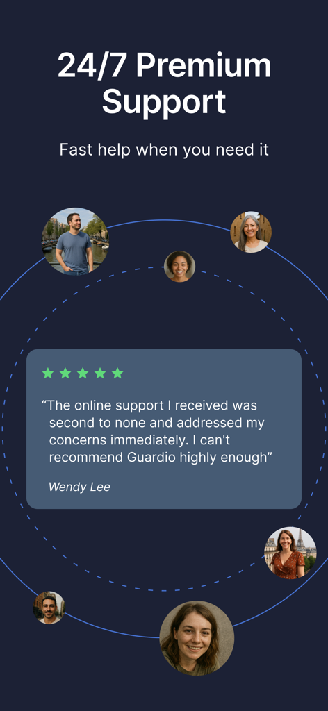 Guardio app screen showing 24/7 premium support with a five-star user testimonial