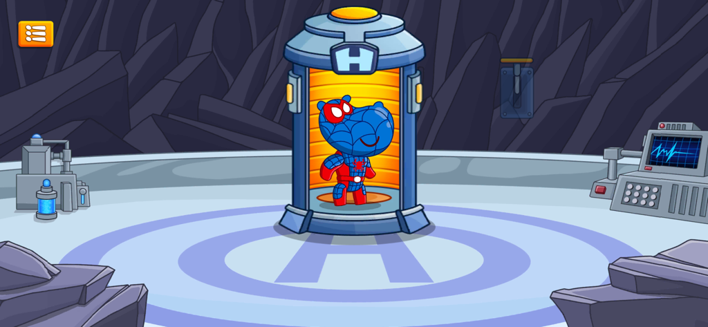 A cartoon hippo wearing a blue and red superhero spider suit standing in a futuristic teleporter tube.