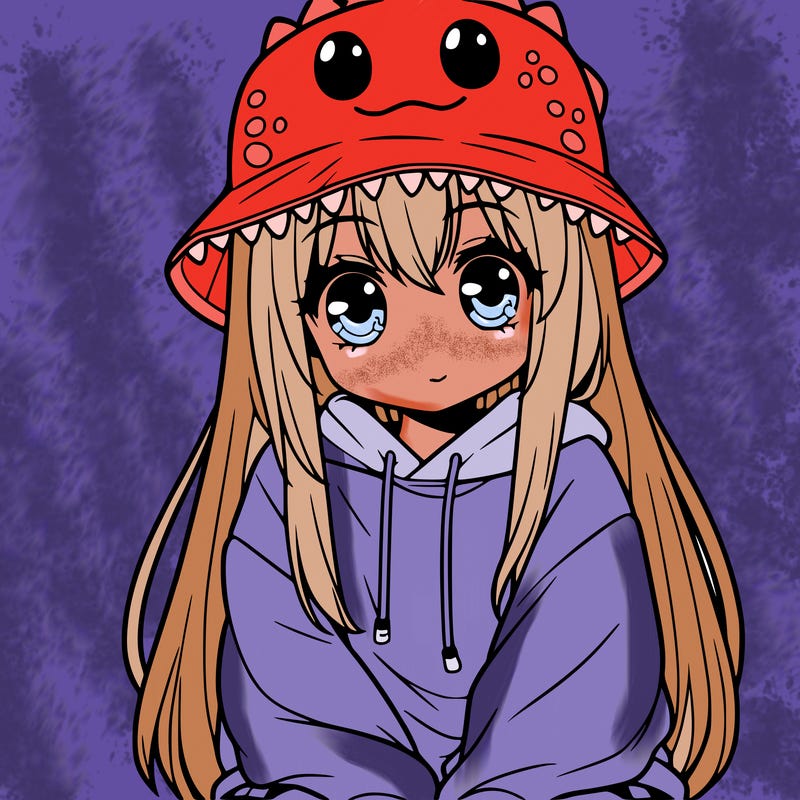 girl with anime shaped eyes with a dinosaur bucket hat oversized sweatshirt long straight hair