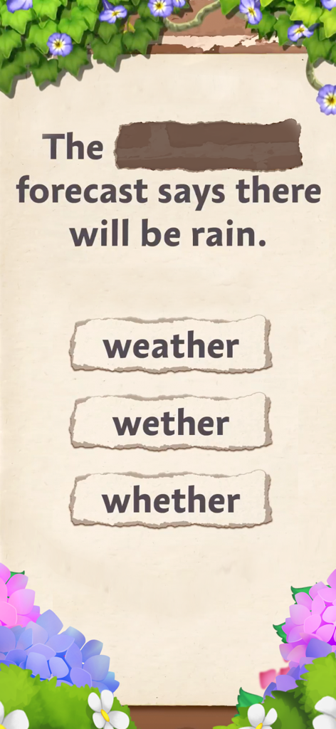 A grammar mini game in Game of Words asking players to choose the correct spelling of weather for a forecast sentence