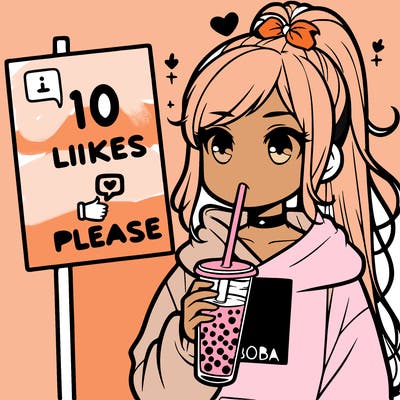 girl with a high ponytail and a hoodie drinking boba staring at a sign saying 10 likes please
