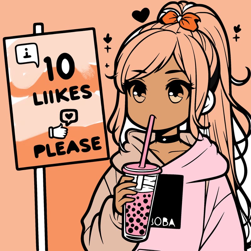 girl with a high ponytail and a hoodie drinking boba staring at a sign saying 10 likes please