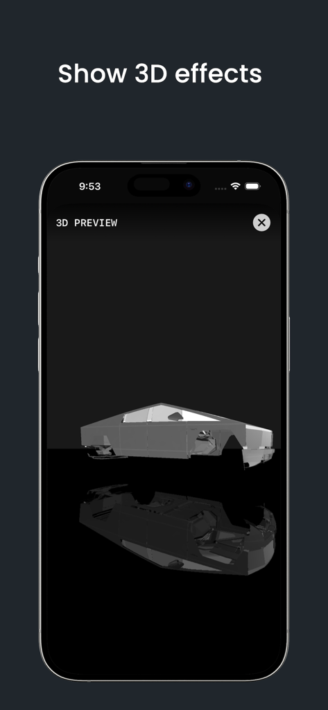 WrapsShop - Vista previa 3D de un chasis de Tesla Cybertruck en la interfaz de la aplicación WrapsShop.