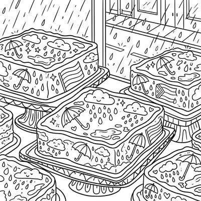 Escape the gloomy weather with these delightful sheet cakes, beautifully decorated with cheerful rainy-day motifs. This printable coloring page offers a sweet and cozy creative activity for all ages.