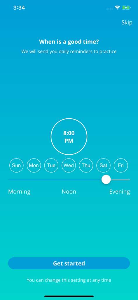 English Phrasal Verbs in Use - Daily reminder settings screen in the English Phrasal Verbs app with options for selecting time and days to practice.