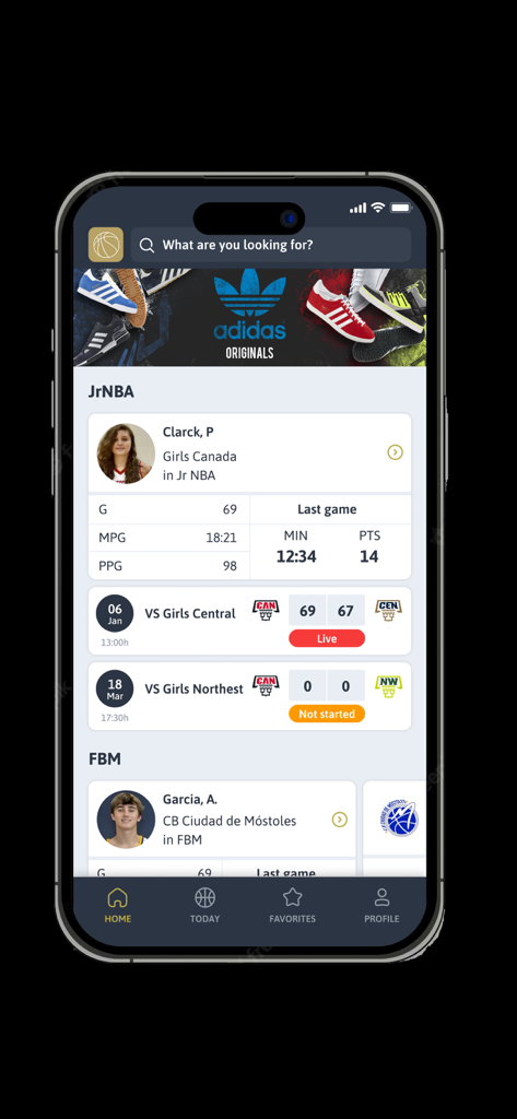 DBB Scores mobile app interface showing basketball player statistics and live match updates.