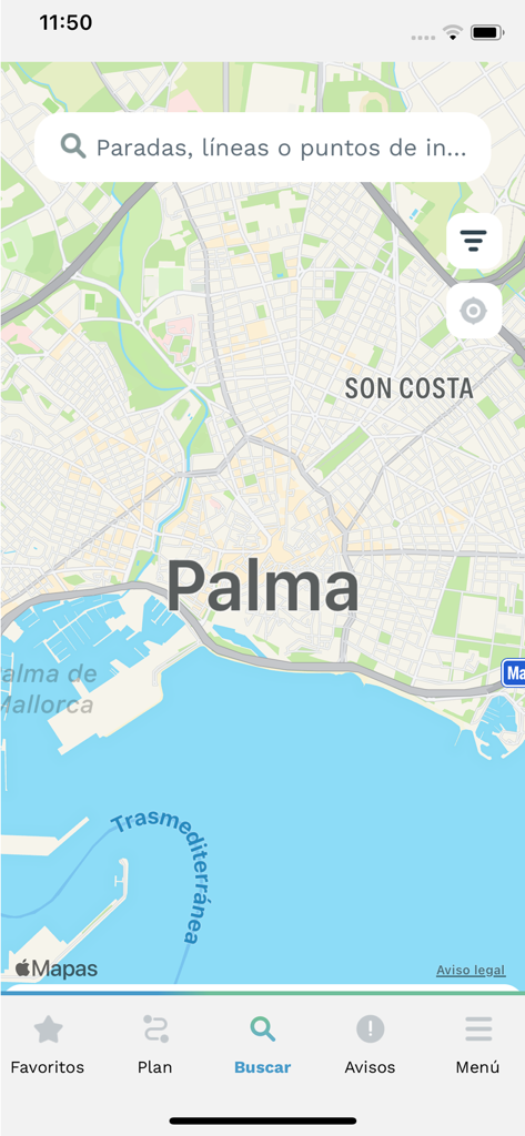 Interfaz de mapa de la aplicación de transporte público EMT Palma