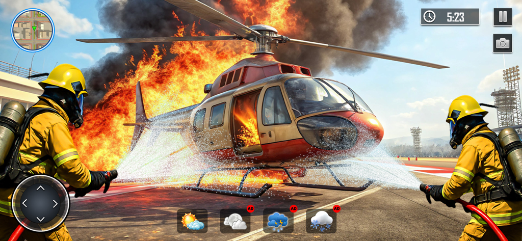 Rescue Run Offroad Snow Heroes - Dos bomberos extinguiendo las llamas de un helicóptero incendiado en un simulador de rescate